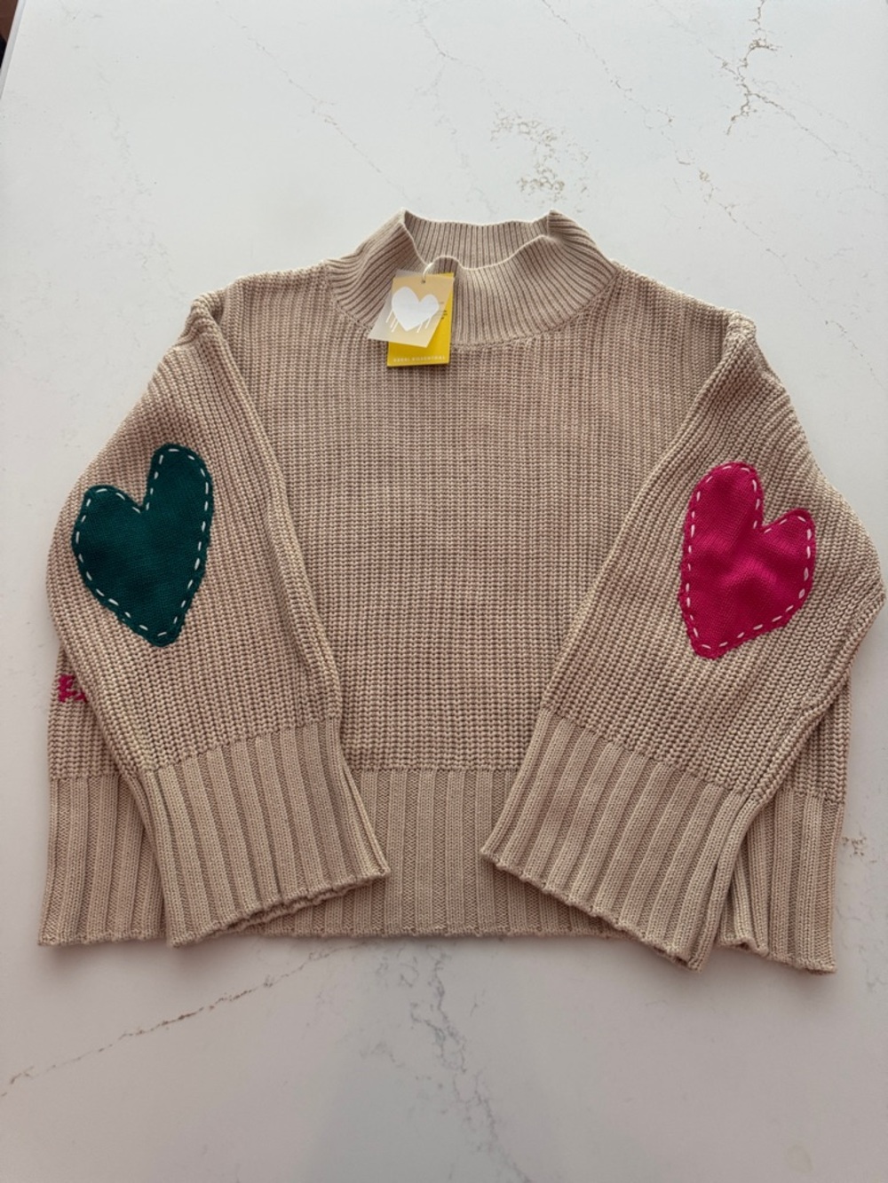 Rosenthal Beige Turtleneck Sweater with Pink & Green Heart Elbow Patches